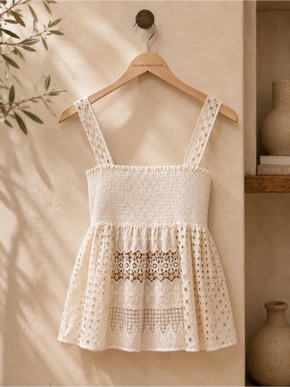 Anthropologie Ivory Eyelet Smocked Peplum Tank